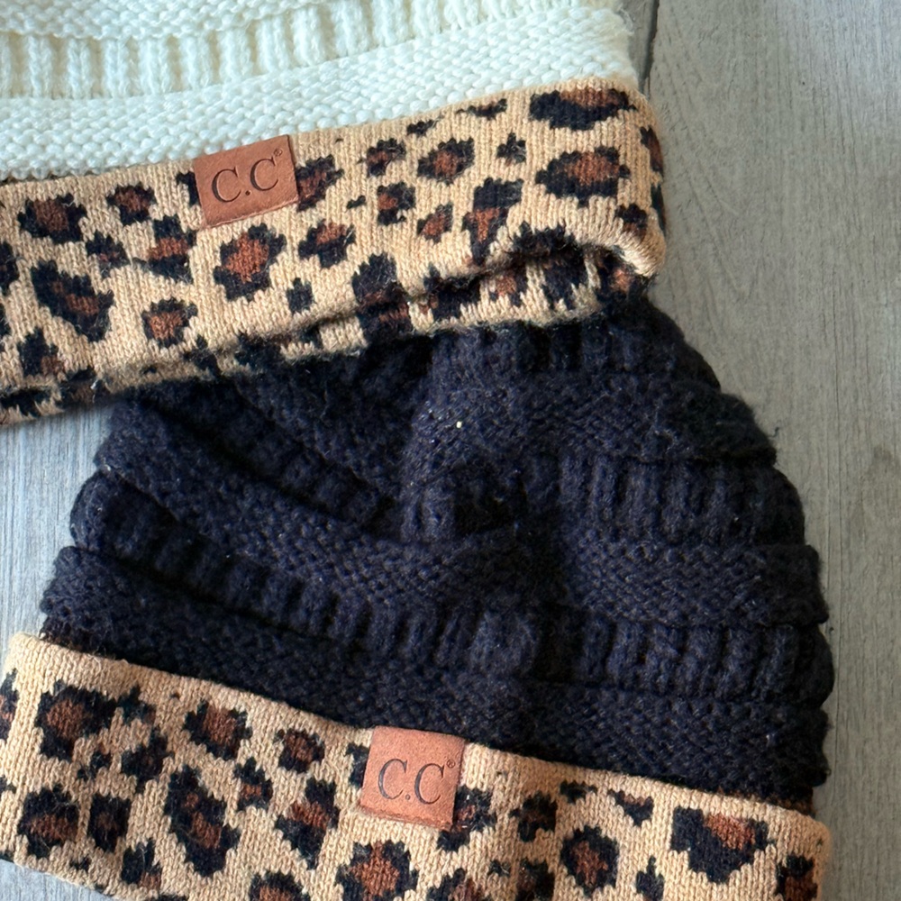 C.C  Black and Cream Leopard Beanie Set - Picture 2 of 3